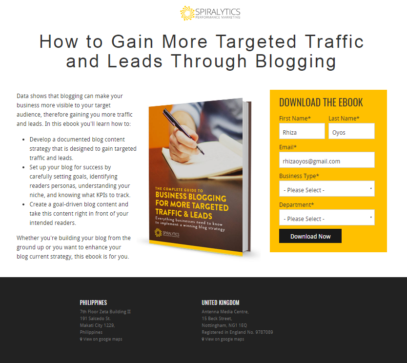 Business blogging landing page