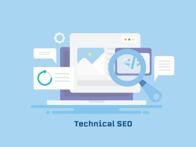 Vector artwork of a website with text that says "Technical SEO"